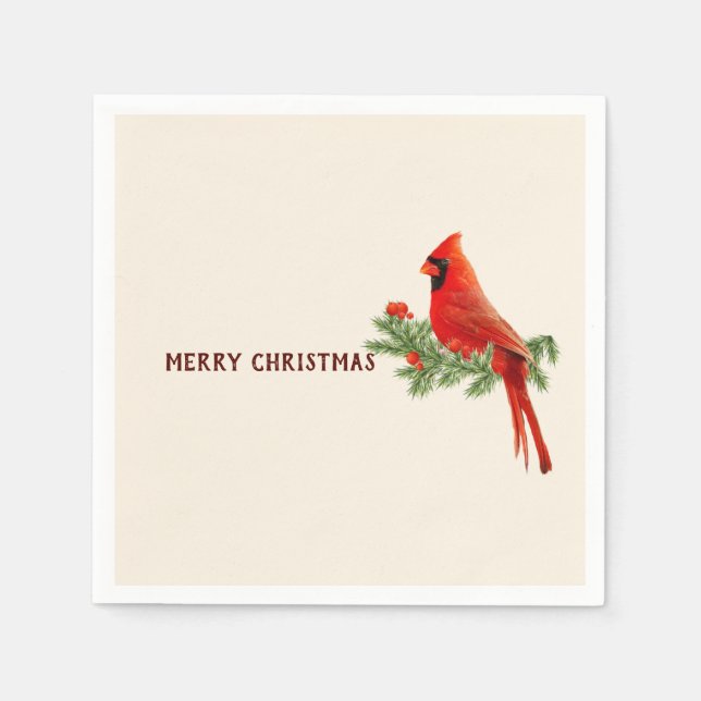 Red Cardinal Bird Merry Christmas Paper Napkin (Front)