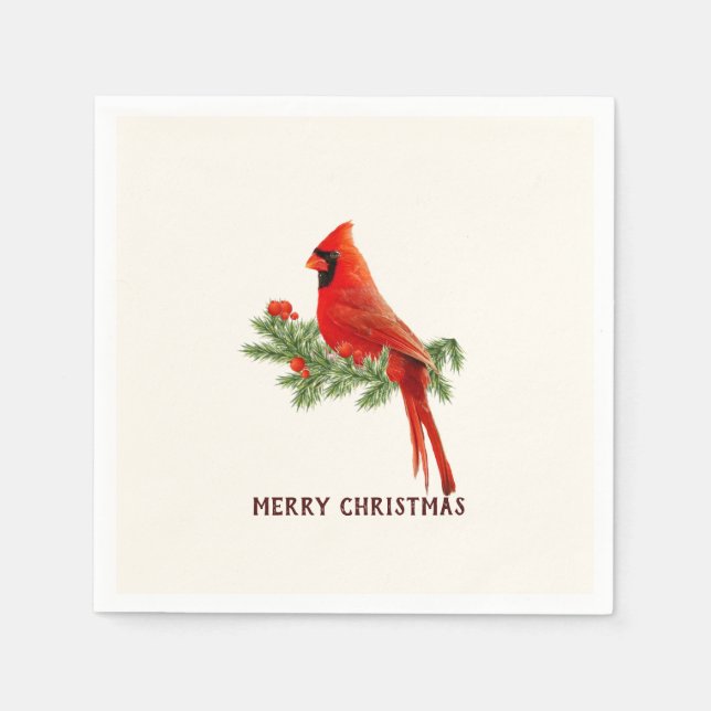Red Cardinal Bird Merry Christmas Paper Napkin (Front)