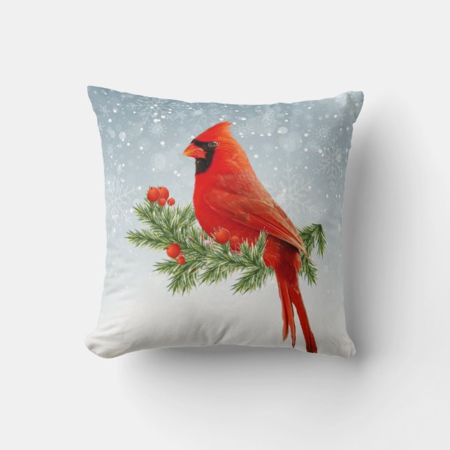 Red Cardinal Bird Merry Christmas pillow (Front)