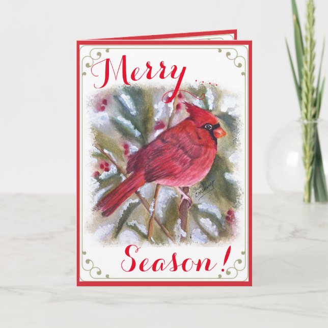 RED CARDINAL BIRD MERRY SEASONS GREETING HOLIDAY C CARD (Front)