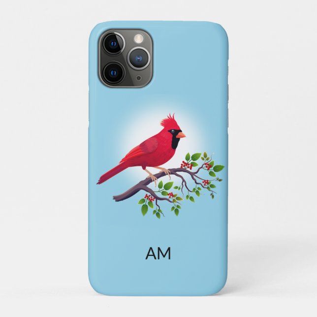 Red Cardinal Bird  & Monogram on Light Blue Case-M Case-Mate iPhone Case (Back)