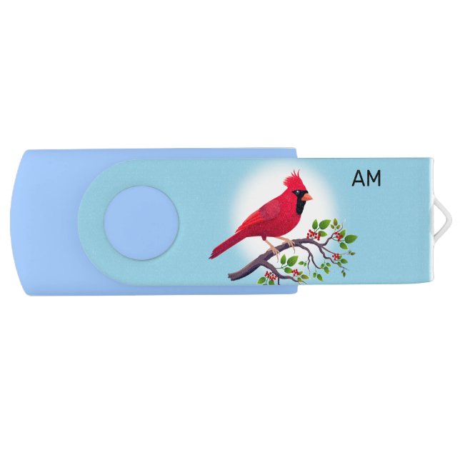 Red Cardinal Bird  & Monogram on Light Blue Flash Drive (Front)