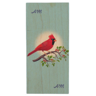 Red Cardinal Bird & Monogram on Light Blue Wood Flash Drive