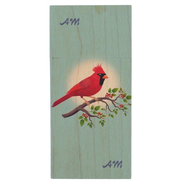 Red Cardinal Bird  & Monogram on Light Blue Wood Flash Drive (Front Vertical)