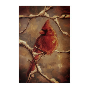 Red Cardinal Bird Oil Painting – Winter Branch Acrylic Print