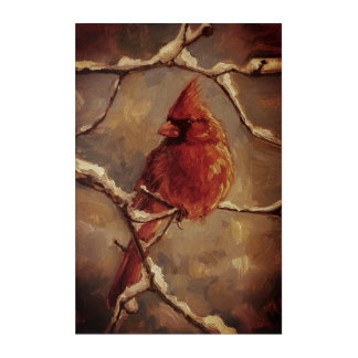 Red Cardinal Bird Oil Painting – Winter Branch Acrylic Print