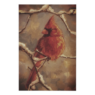 Red Cardinal Bird Oil Painting – Winter Branch Faux Canvas Print