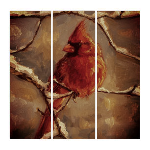 Red Cardinal Bird Oil Painting – Winter Branch Triptych