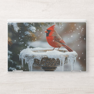 Red Cardinal Bird on a Frozen Birdbath Art HP Laptop Skin