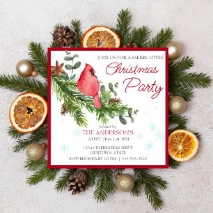Red cardinal bird on a pine merry little Christmas Invitation