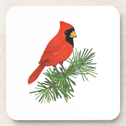 Red Cardinal Bird on Pine Tree Beverage Coaster