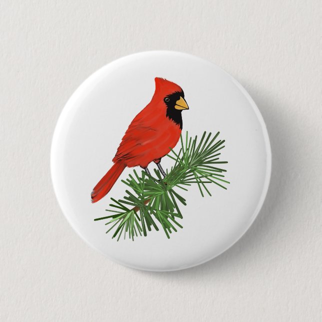 Red Cardinal Bird on Pine Tree Button (Front)