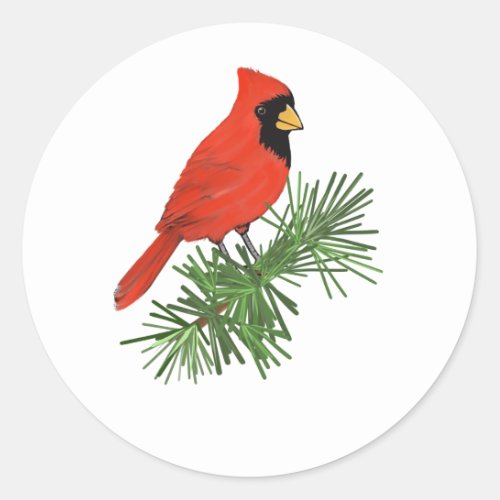 Red Cardinal Bird on Pine Tree Classic Round Sticker