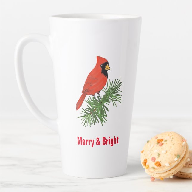 Red Cardinal Bird on Pine Tree Latte Mug (In Situ)
