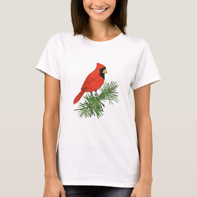Red Cardinal Bird on Pine Tree T-Shirt (Front)