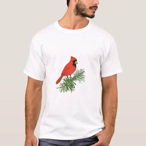 Red Cardinal Bird on Pine Tree T_Shirt