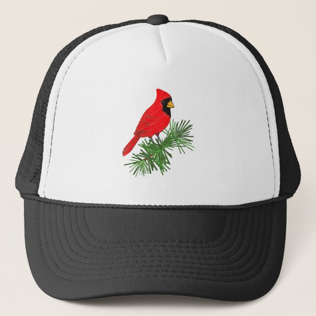 Red Cardinal Bird on Pine Tree Trucker Hat (Front)
