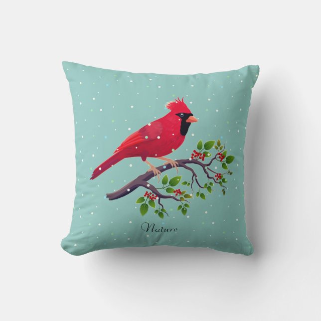 Red Cardinal Bird on Teal Throw Pillow (Front)
