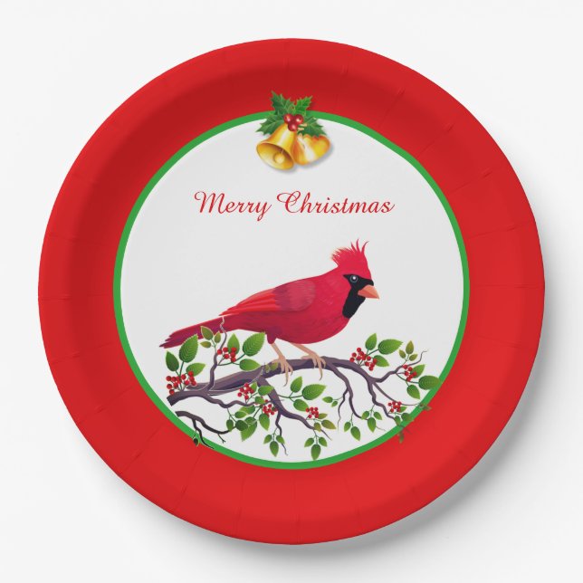 Red Cardinal Bird on Tree Branch Paper Plates (Front)