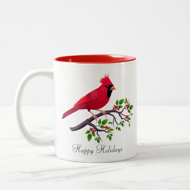 Red Cardinal Bird on Tree Branch Two-Tone Coffee M Mug (Left)