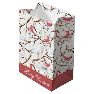 Red Cardinal Bird Pattern Merry Christmas Gift Bag