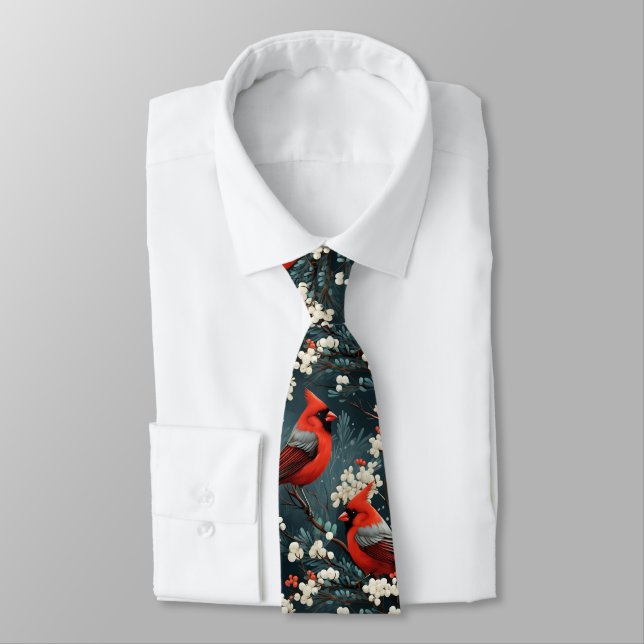Red Cardinal Bird Pattern Neck Tie (Tied)