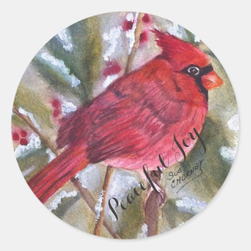 RED CARDINAL BIRD PEACEFUL JOY CLASSIC ROUND STICKER