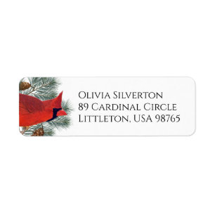 Red Cardinal Bird Pine Tree Winter Return Address Label