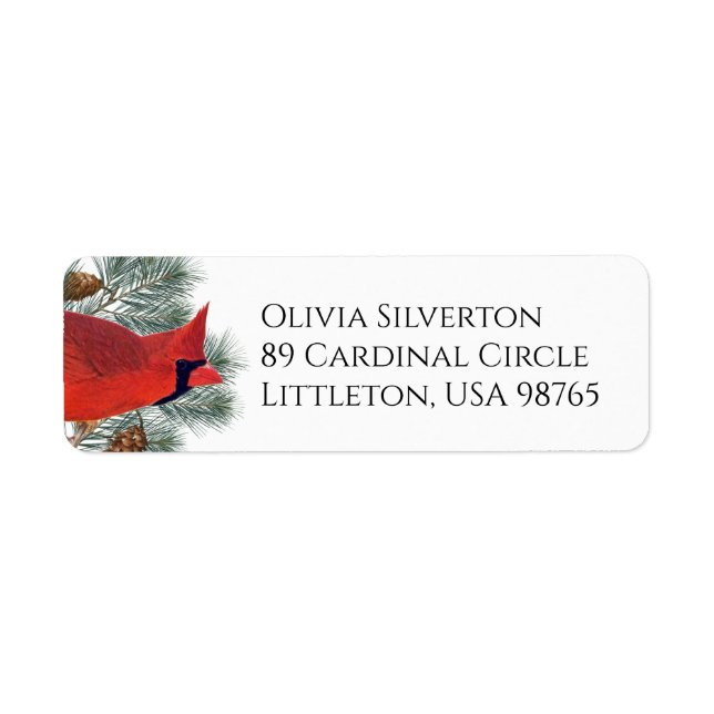 Red Cardinal Bird Pine Tree Winter Return Address Label (Front)