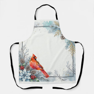 Red Cardinal Bird Pointsettia Winter Berry Greens Apron