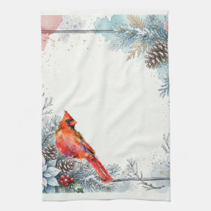 Red Cardinal Bird Pointsettia Winter Berry Greens Kitchen Towel
