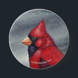 Red Cardinal Bird Round Button<br><div class="desc">Linda Baysinger Peck's watercolor painting of a bright red male cardinal bird,  sitting on a pine branch,  in winter. For those who love wild bird designs! Image © Linda Baysinger Peck All Rights Reserved</div>