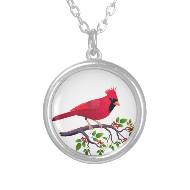 Red Cardinal Bird Silver Plated Necklace (Front)