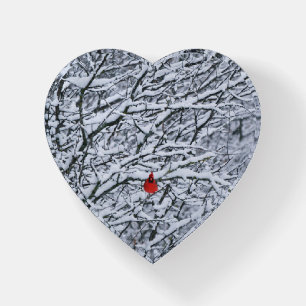 Red Cardinal Bird Snow Heart Glass Paperweight