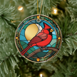 Red Cardinal Bird Stained Glass Cardinal Memorial  Ceramic Ornament