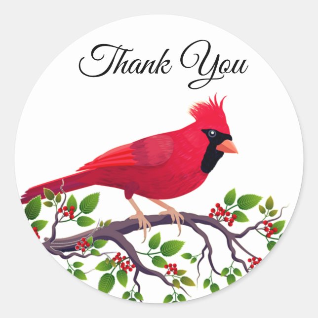 Red Cardinal Bird Thank You Classic Round Sticker (Front)
