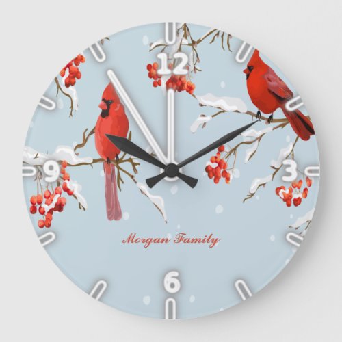 Red Cardinal Bird Tree Snow Christmas Large Clock