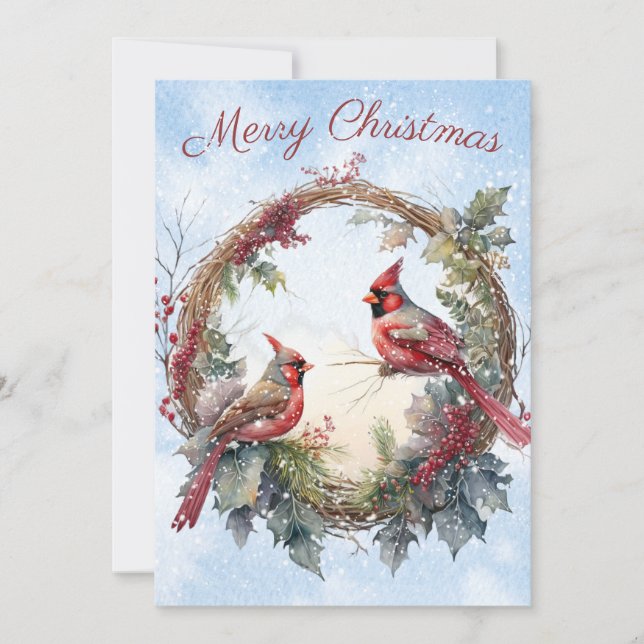 Red Cardinal Bird Watercolor Winter Christmas Holiday Card (Front)