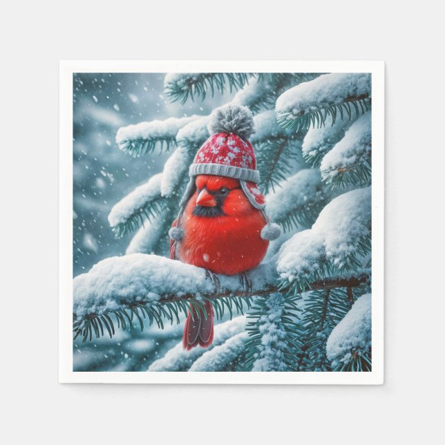 Red Cardinal Bird Wearing Winter Hat Napkins (Front)