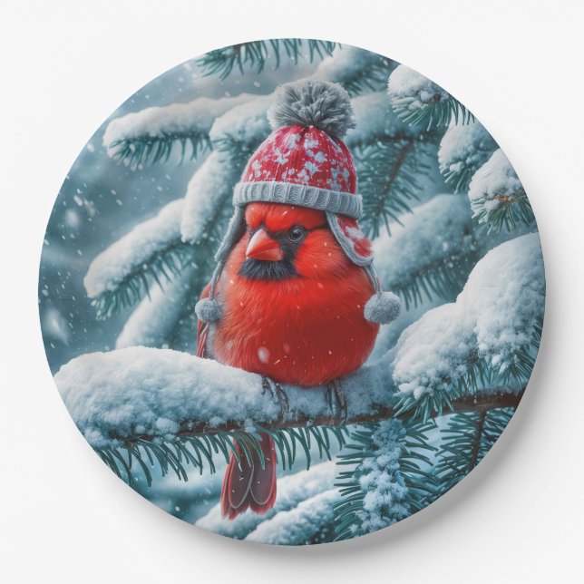 Red Cardinal Bird Wearing Winter Hat Paper Plates (Front)
