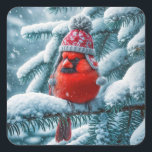 Red Cardinal Bird Wearing Winter Hat Square Sticker<br><div class="desc">A vibrant red cardinal wearing a knitted hat sits atop a snow-covered evergreen branch,  surrounded by gently falling snowflakes</div>