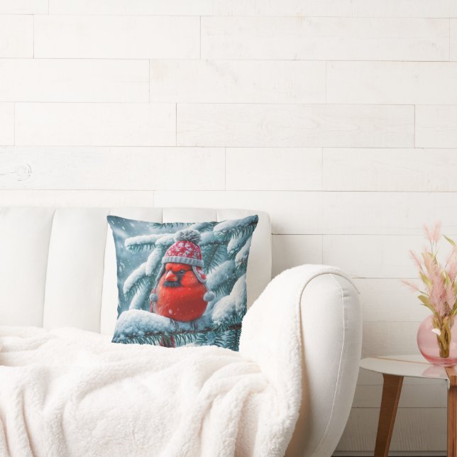 Red Cardinal Bird Wearing Winter Hat Throw Pillow (Couch)