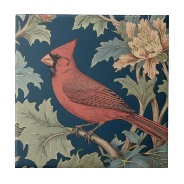 Red Cardinal Bird William Morris style left facing Ceramic Tile (Front)