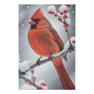 Red Cardinal Bird Winter Birch Tree Christmas Art Faux Canvas Print