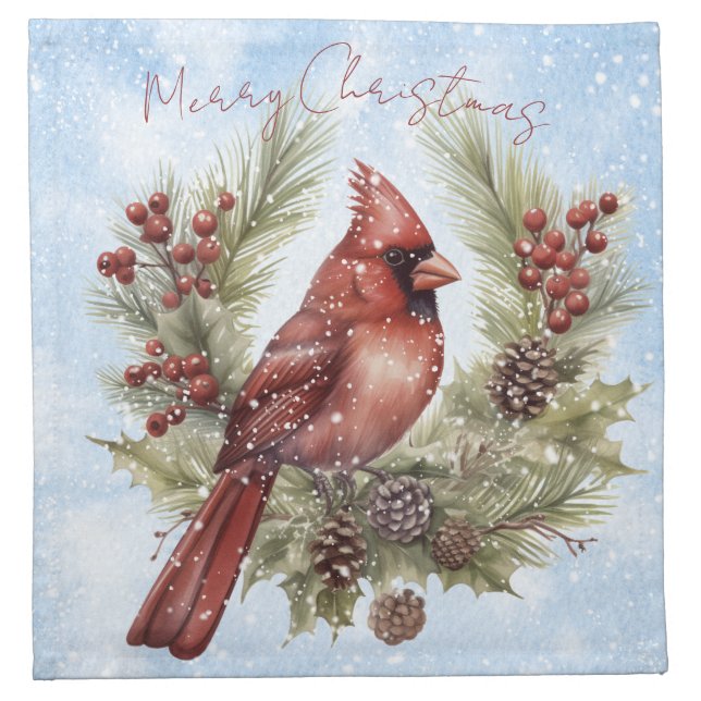 Red Cardinal Bird Winter Christmas Cloth Napkin (Front)