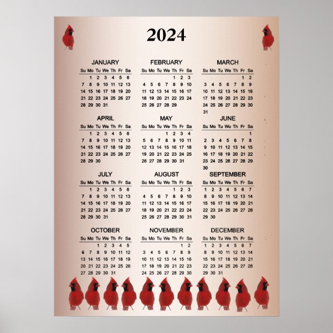 Red Cardinal Birds 2024 Calendar Poster