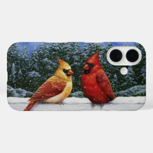 Red Cardinal Birds and Christmas Snow iPhone 16 Case