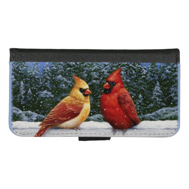 Red Cardinal Birds and Christmas Snow iPhone Wallet Case (Front (Horizontal))