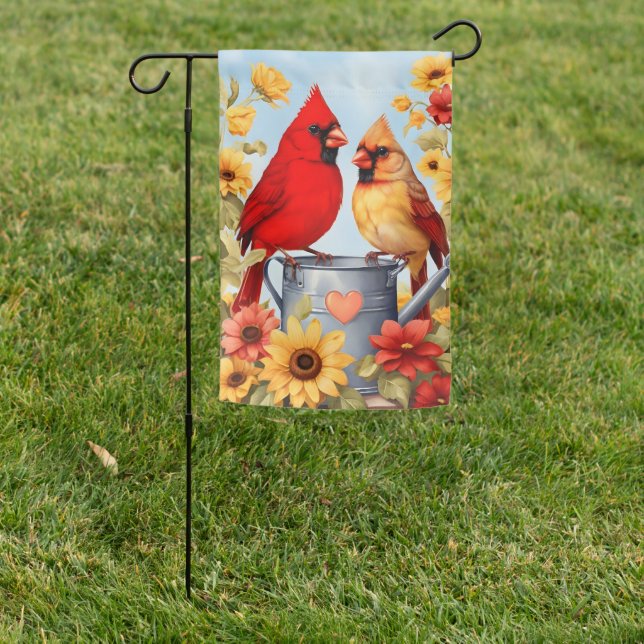 Red Cardinal Birds and Yellow Sunflowers Fall Garden Flag (In SItu)