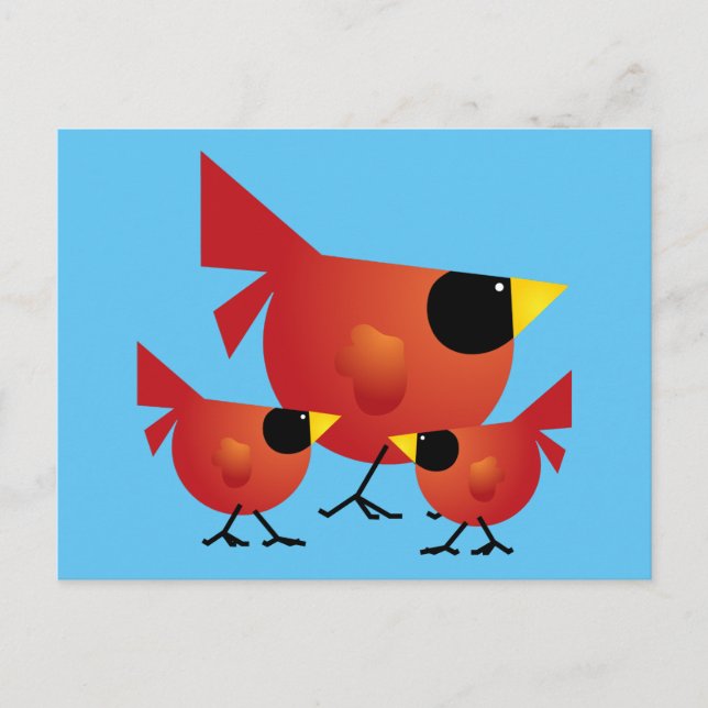 RED CARDINAL BIRDS CARTOON GRAPHICS CUTE HAPPY FAM POSTCARD (Front)
